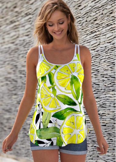 Modlily Lemon Print Wide Strap Sleeveless Camisole Top - M