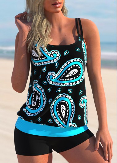 Modlily Cashews Print Wide Strap Cyan Tankini Set - XL