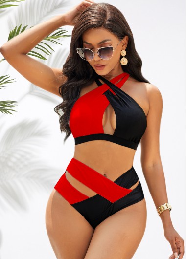 Modlily Contrast Cross Strap High Waist Bikini Set - S