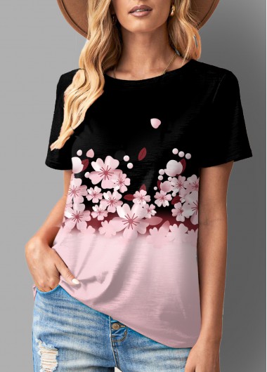 Modlily Floral Print Ombre Short Sleeve T Shirt - L