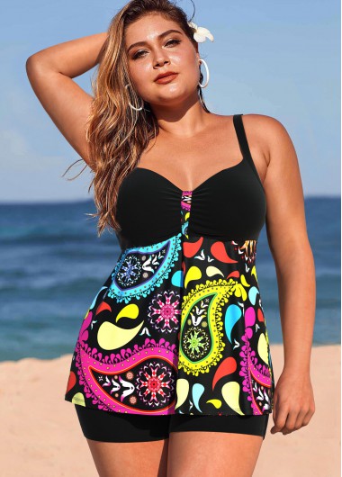 Modlily Plus Size Colorful Paisley Print Tankini Set - 2X