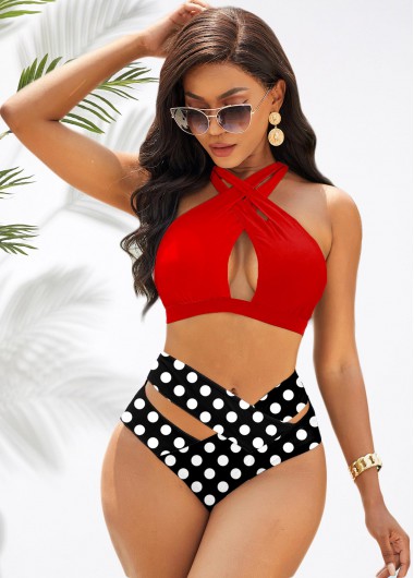 Modlily Cross Halter Polka Dot High Waist Bikini Set - L