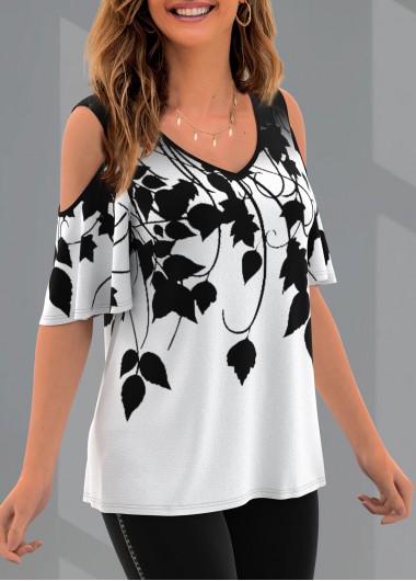 Modlily Cold Shoulder Printed V Neck T Shirt - S