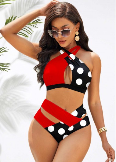 Modlily Polka Dot Cross Strap Contrast Bikini Set - XXL