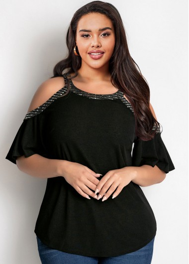 Modlily Plus Size Cold Shoulder Sequin T Shirt - 3X