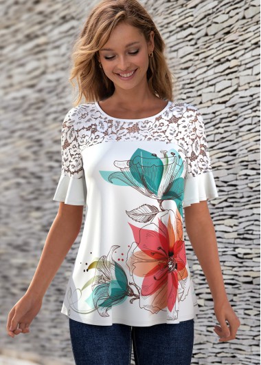 Modlily Lace Patchwork Floral Print Round Neck T Shirt - S