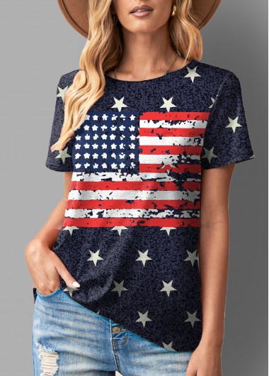 Modlily American Flag Short Sleeve Round Neck T Shirt - M