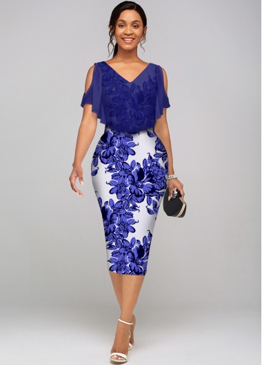 Modlily Floral Print Cold Shoulder V Neck Dress - L