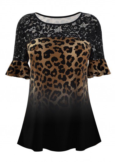 Modlily Leopard Lace Stitching Round Neck T Shirt - L