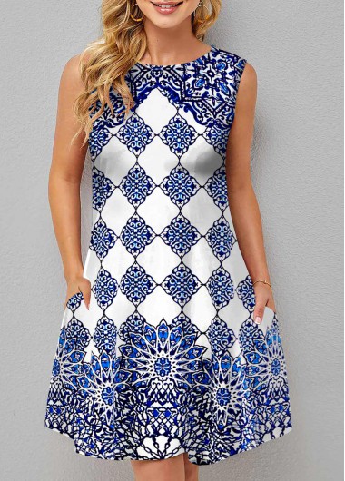 Modlily Double Side Pockets Tribal Print Sleeveless Dress - M