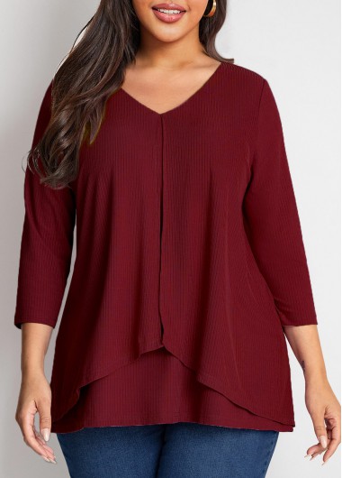 Modlily Faux Two Piece Plus Size Solid T Shirt - 1X