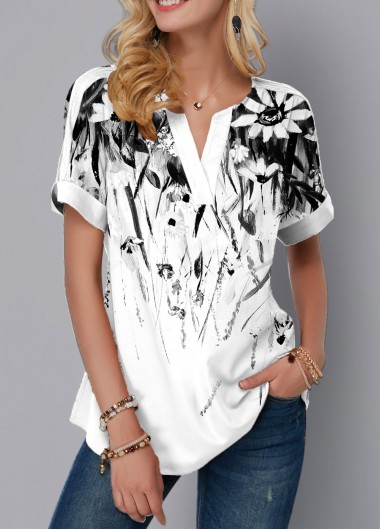 Modlily Floral Print Split Neck Ombre Blouse - S