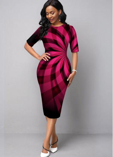 Modlily Ombre Round Neck Geometric Print Dress - M