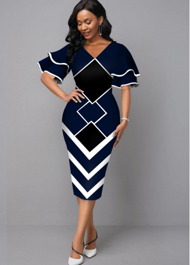 Modlily V Neck Geometric Print Bodycon Dress - XL