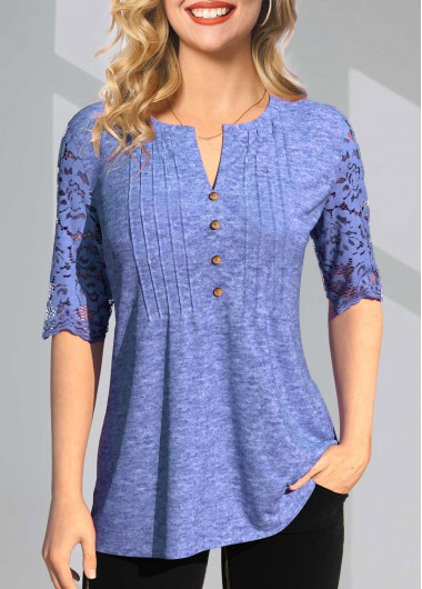 Modlily Lace Stitching Split Neck Crinkle Chest T Shirt - S