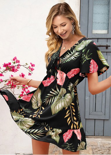 Modlily V Neck Tropical Print Short Sleeve Dress - M