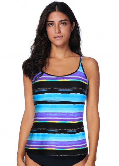 Modlily Striped Cage Back Wide Strap Tankini Top - XL