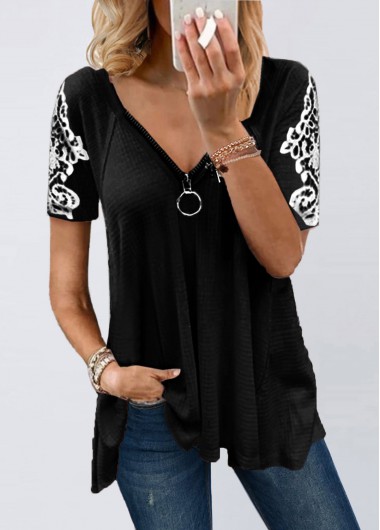 Modlily Lace Patchwork Zipper Short Sleeve T Shirt - S