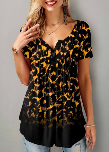 Modlily Split Neck Leopard Short Sleeve Blouse - S