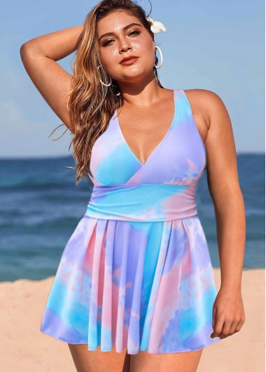 Modlily Plus Size Tie Dye Print Cross Strap Swimdress and Panty - 3X