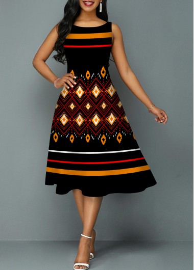 Modlily Sleeveless Round Neck Geometric Print Tribal Print Dress - M