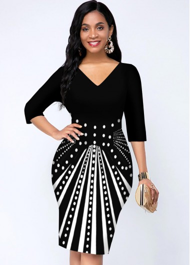 Modlily Three Quarters Sleeve Geometric Print V Neck Dress - XXL