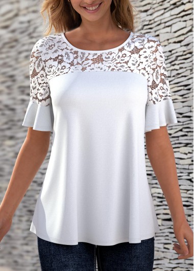 Modlily Lace Stitching Solid Round Neck T Shirt - S