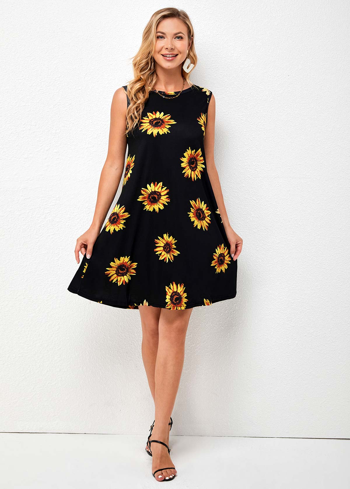 Sunflower Print Sleeveless Round Neck Dress | picture 