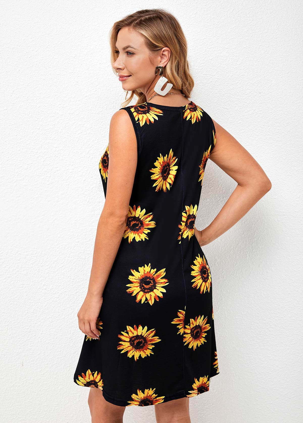 Sunflower Print Sleeveless Round Neck Dress