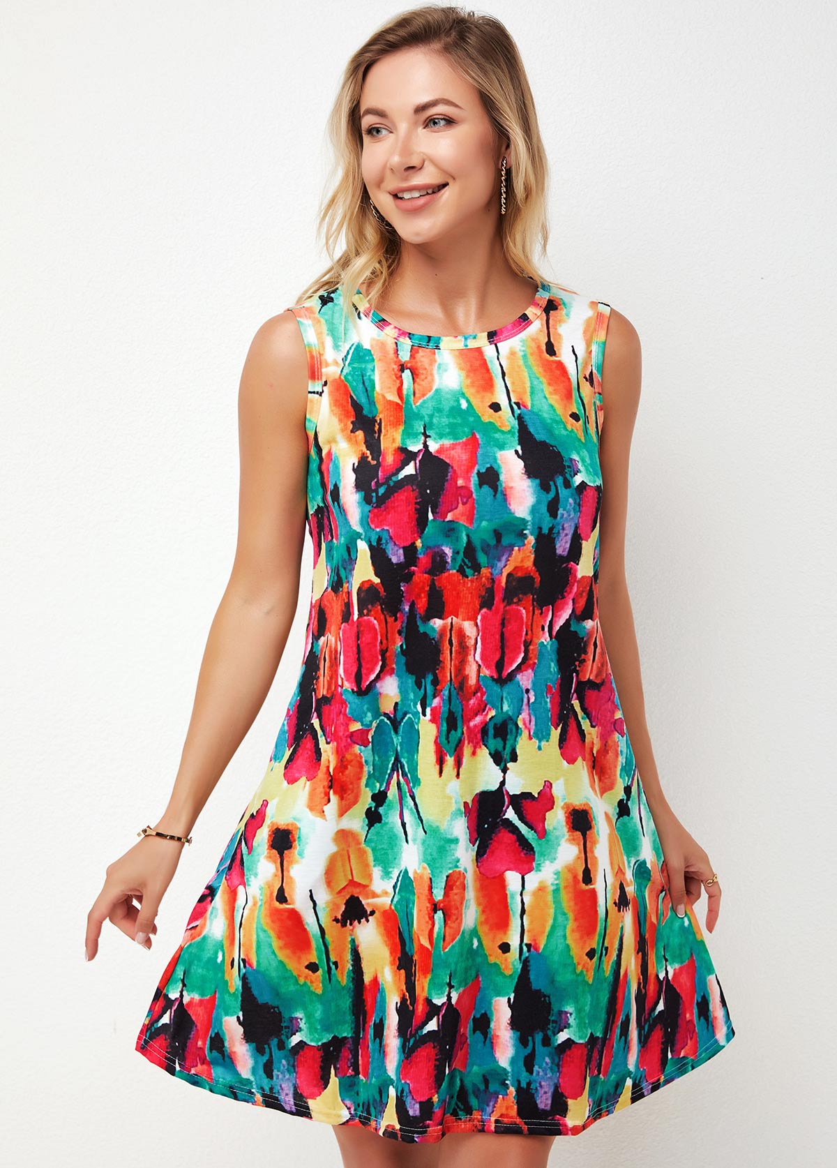 Round Neck Printed Multi Color A Line Dress