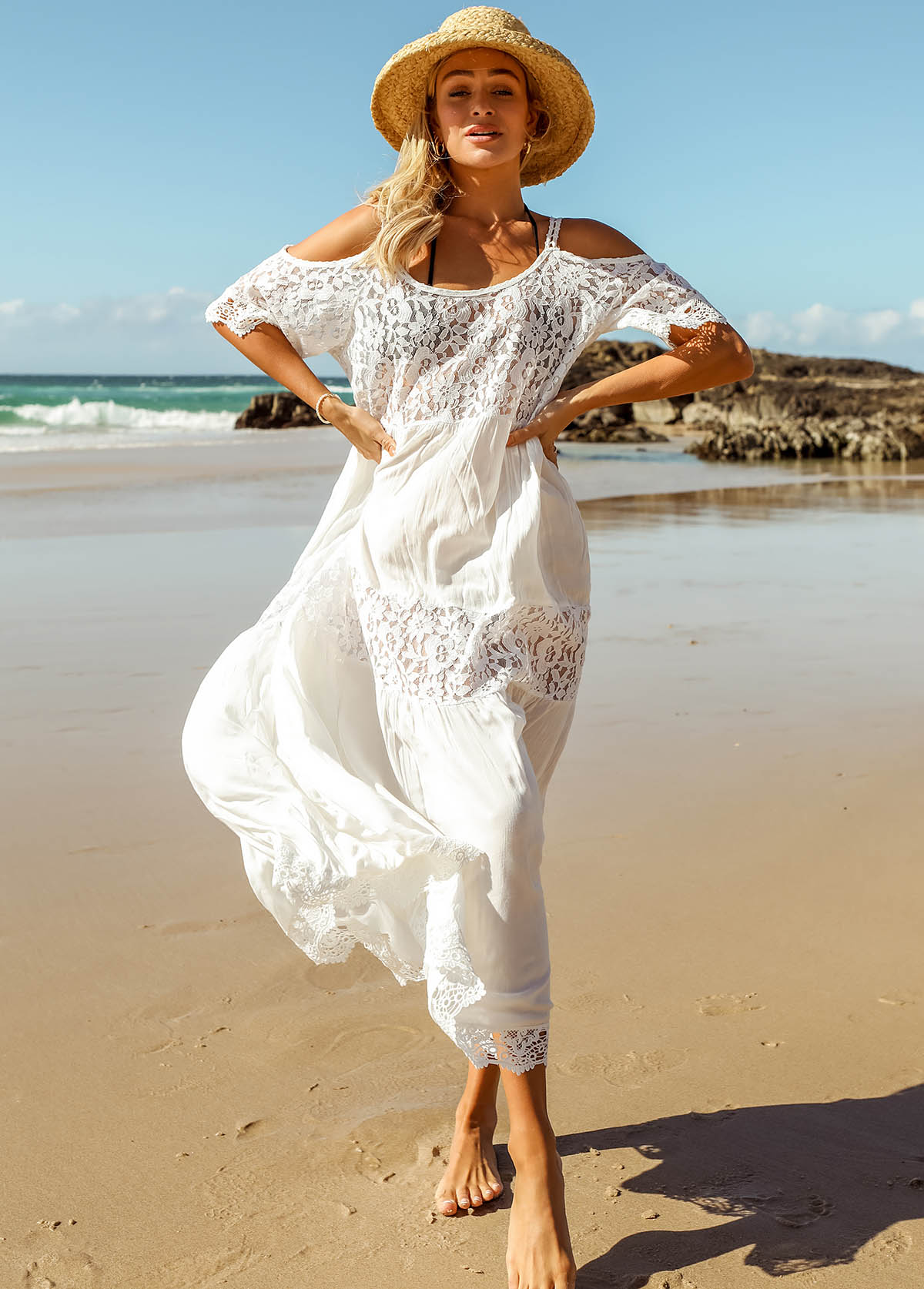 Lace Stitching Cold Shoulder Solid Beach Dress