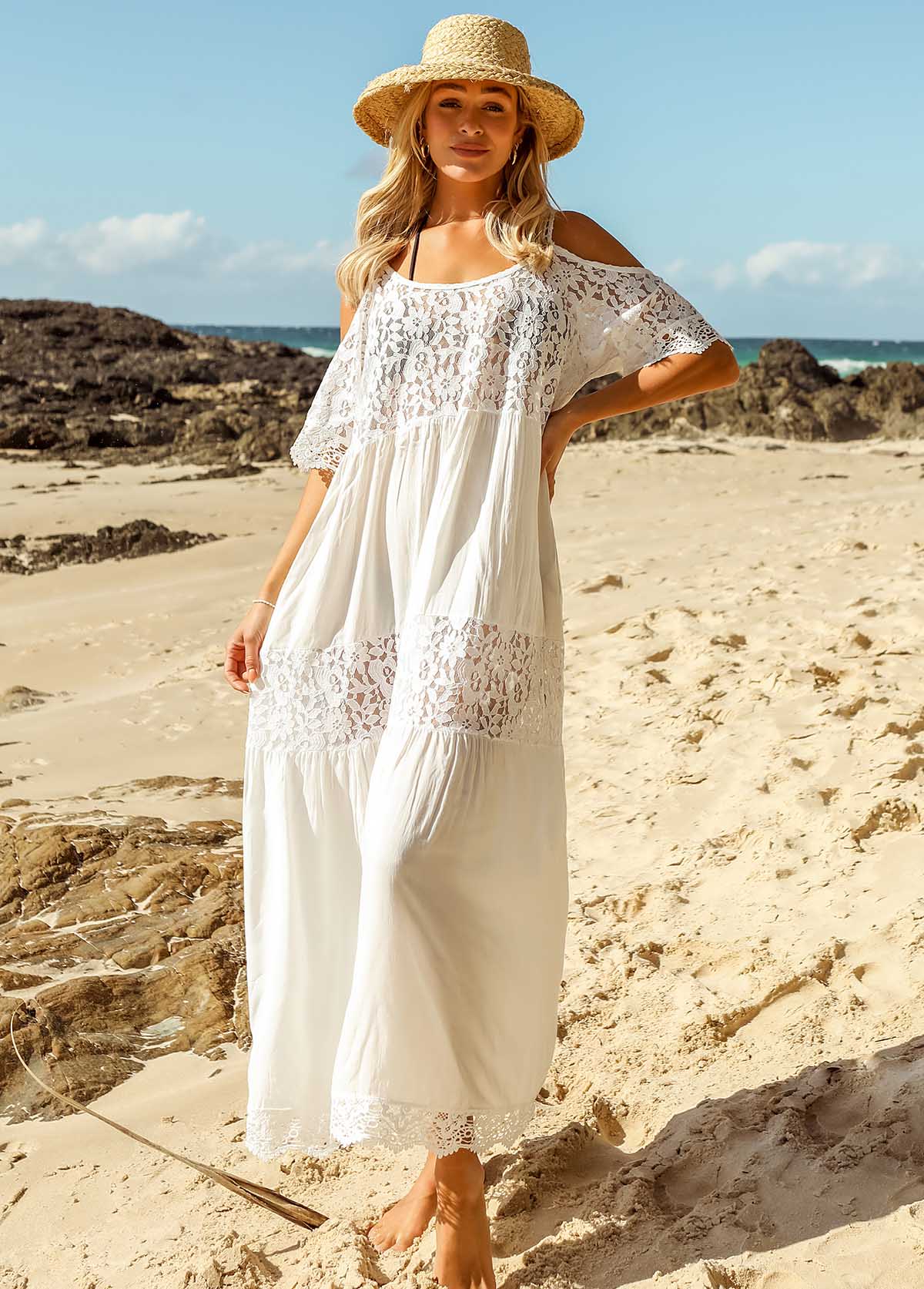 Lace Stitching Cold Shoulder Solid Beach Dress