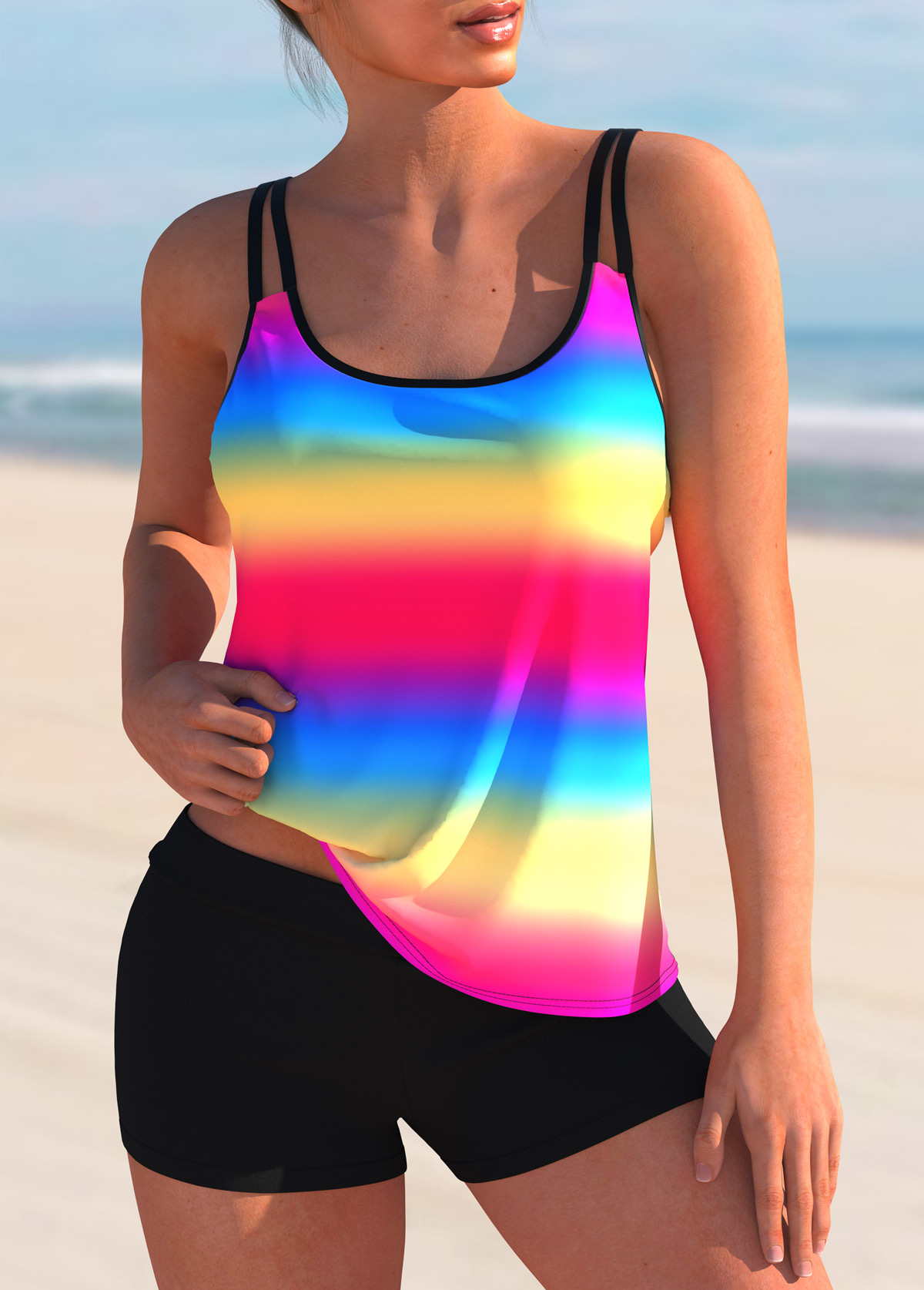 Rainbow Color Printed Double Straps Tankini Set