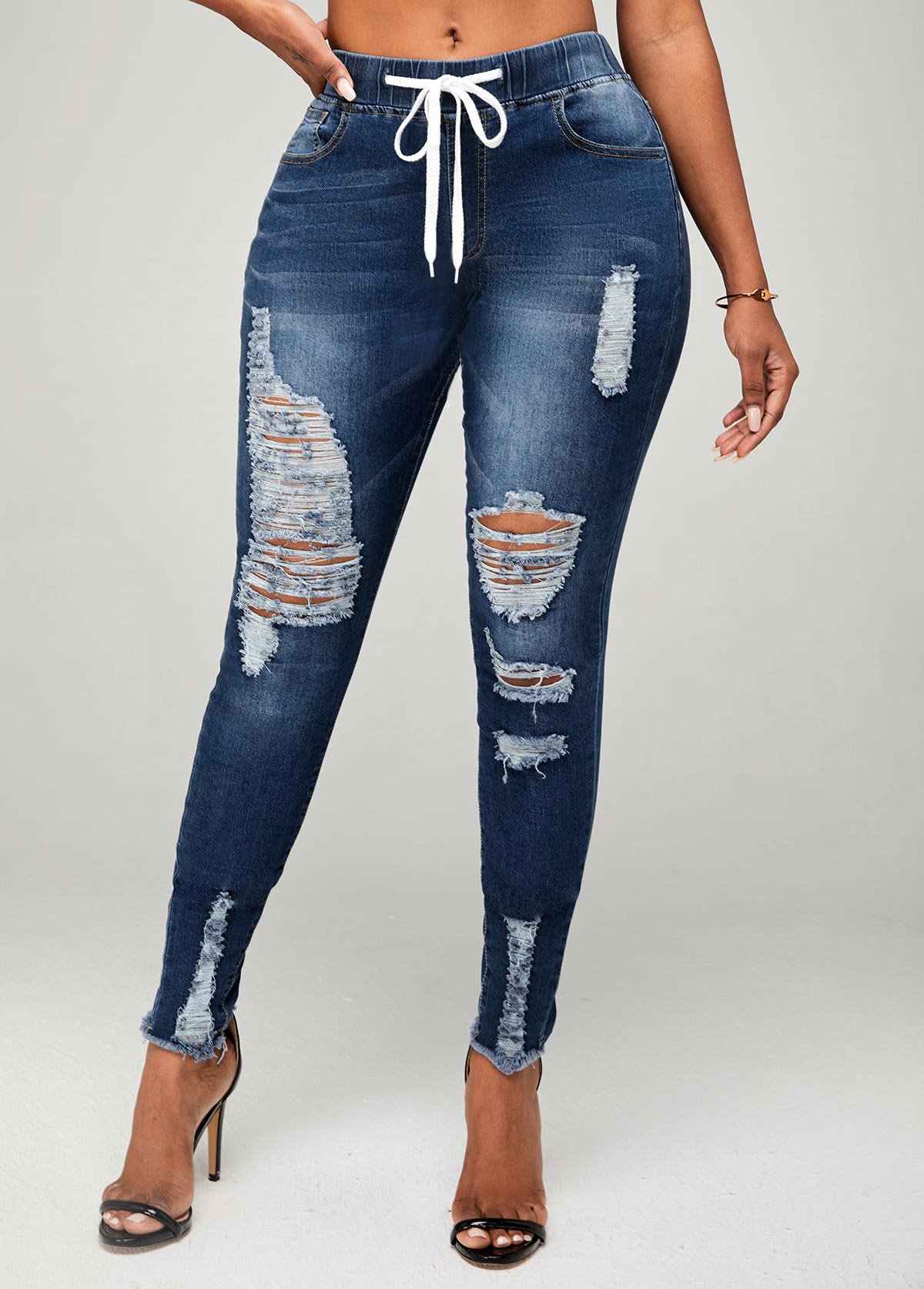 Shredded Skinny Mid Waist Drawstring Detail Jeans