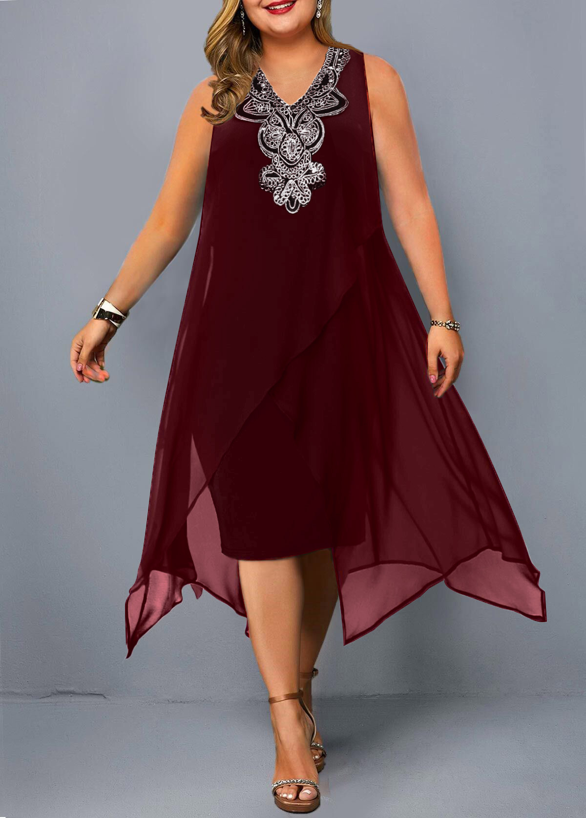 Embellished Neck Sleeveless Asymmetric Hem Plus Size Dress