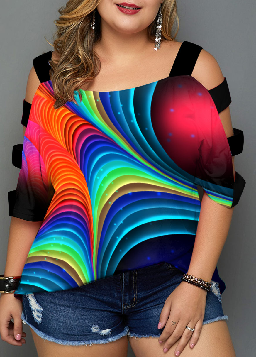 Ladder Cutout Plus Size Colorful Printed T Shirt