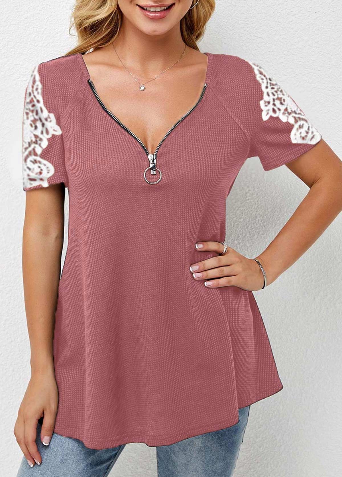 Lace Stitching V Neck Short Sleeve T Shirt | modlily.com - USD 19.99