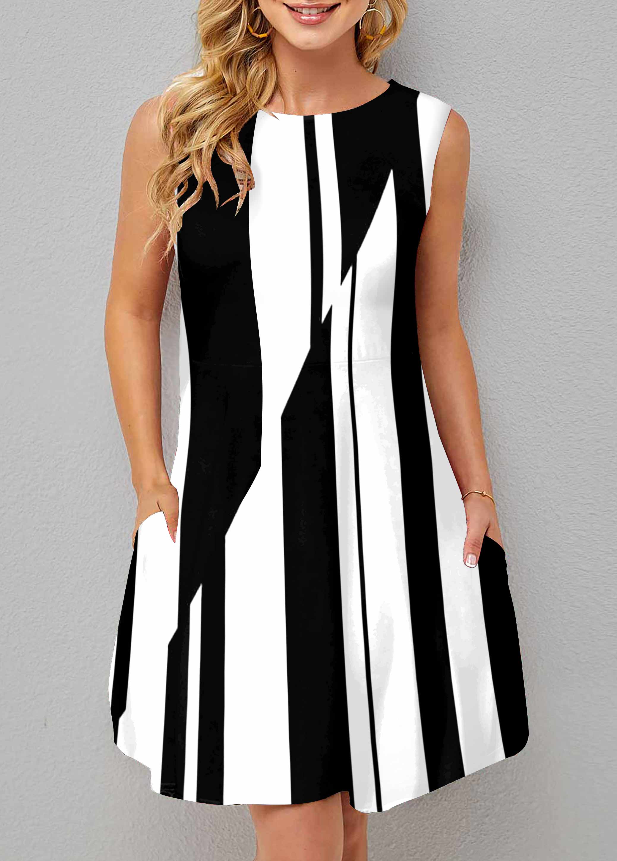 Sleeveless Striped Print A Line Round Neck Dress 