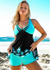 Feathers Print Criss Cross Back Spaghetti Strap Swimdress and Shorts | thumb picture 