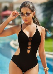 Lace Up Cross Strap Solid One Piece Swimwear