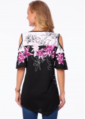 Floral Print Asymmetric Hem Cold Shoulder T Shirt