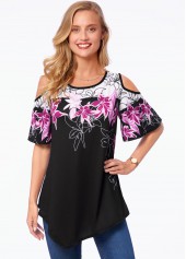 Floral Print Asymmetric Hem Cold Shoulder T Shirt