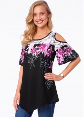 Floral Print Asymmetric Hem Cold Shoulder T Shirt
