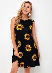 Sunflower Print Sleeveless Round Neck Dress