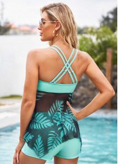 Leaf Print Asymmetric Hem Cross Strap Tankini Set | thumb picture 