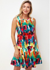 Round Neck Printed Multi Color A Line Dress