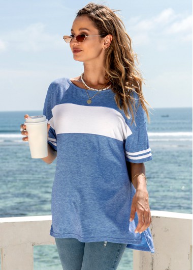 Modlily Contrast Round Neck Short Sleeve T Shirt - M