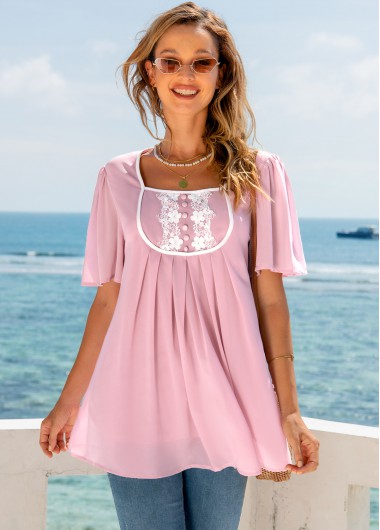 Modlily Lace Stitching Decorative Button Short Sleeve Blouse - M