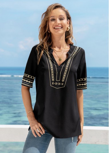 Modlily Tribal Print Split Neck Half Sleeve Blouse - M