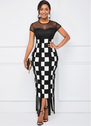 Modlily Mesh Stitching Plaid Round Neck Dress - L